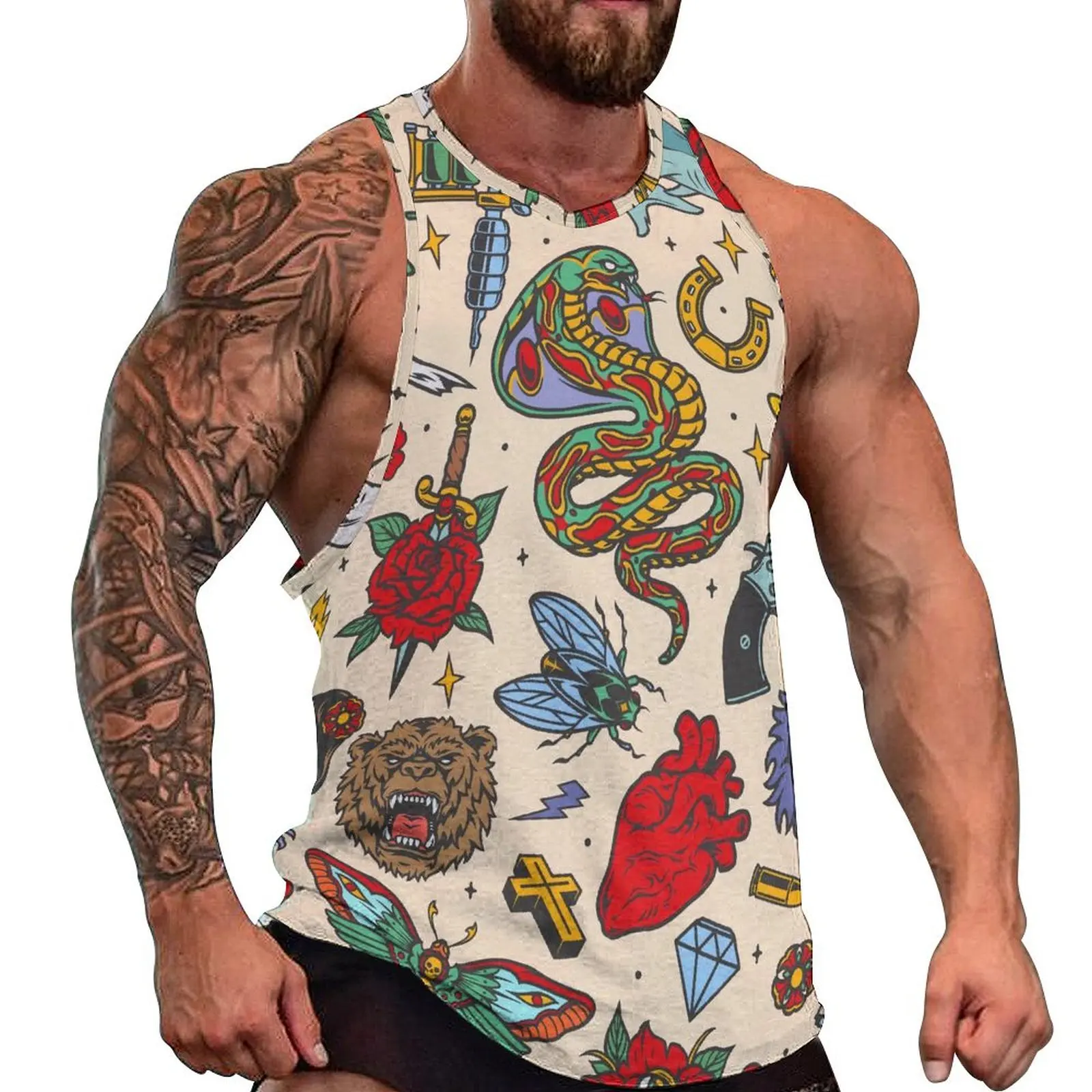 Vintage Tattoos Tank Top Animal Head Bear Bullet Sportswear Tops Beach Workout Male Graphic Sleeveless Vests Big Size