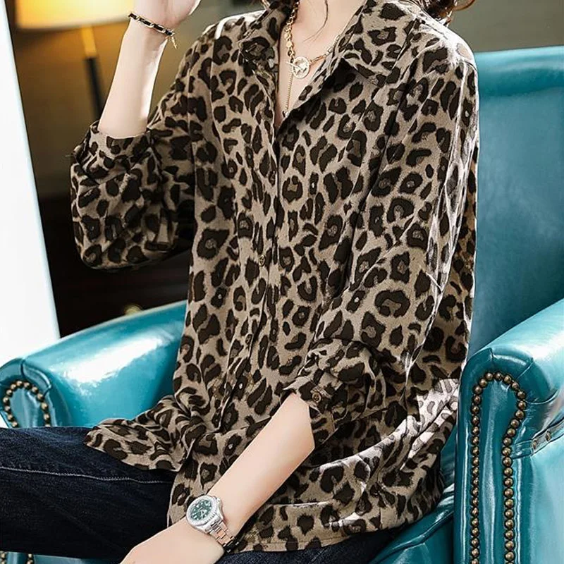 2023 Spring Summer New Blouse POLO Collar Leopard Printing Long Sleeve Single Breasted Tops Women Fashion Casual Female Clothing