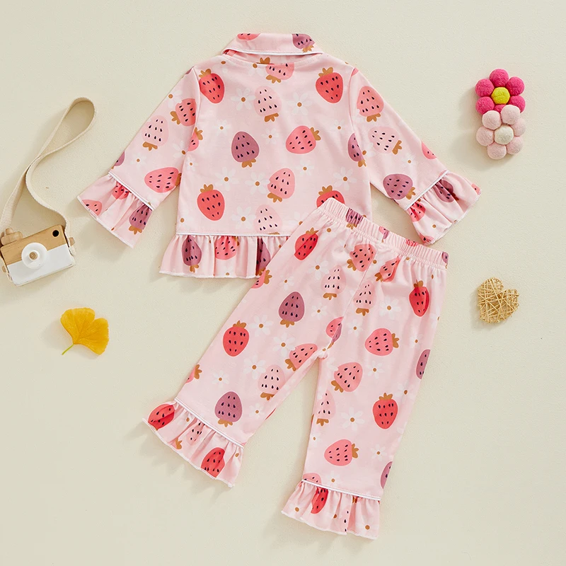 2024-07-03 Lioraitiin Kid Girl Halloween Pajama Set, Pumpkin Print Ruffle Sleeve Button Down Tops Elastic Waist Pants Fall Set