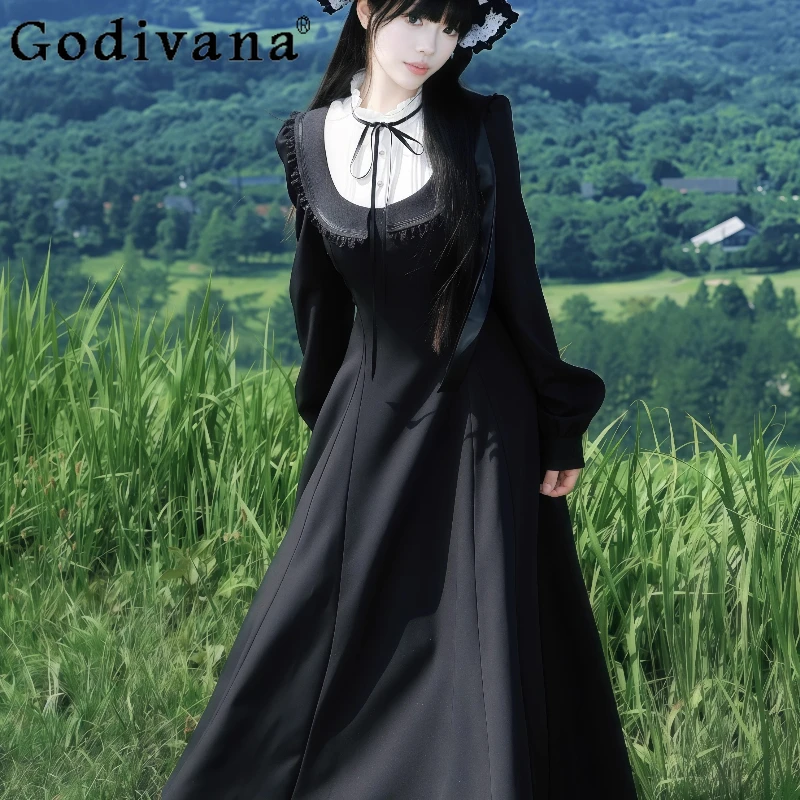 Платье в стиле ретро в винтажном стиле для женщин, оригинальный дизайн, французское осенне-весеннее платье, женское элегантное кружевное длинное платье с застежкой на талии