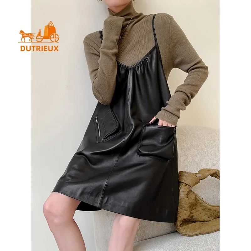 Herbstlicher Damen-Hosenträgerrock aus Leder, 100 % echtes Leder, Schaffell, modisches und elegantes Kleid für Damen