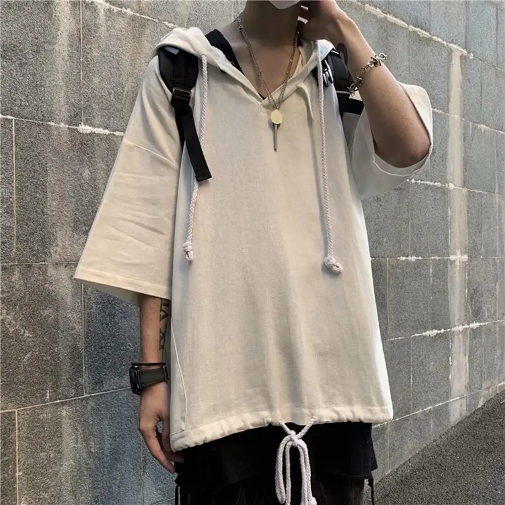 

Drawstring Hooded Jacket Dark Style Hop Hoodie with Side Pocket Loose Fit Mid Length Short Sleeves Streetwear Top for Men Men