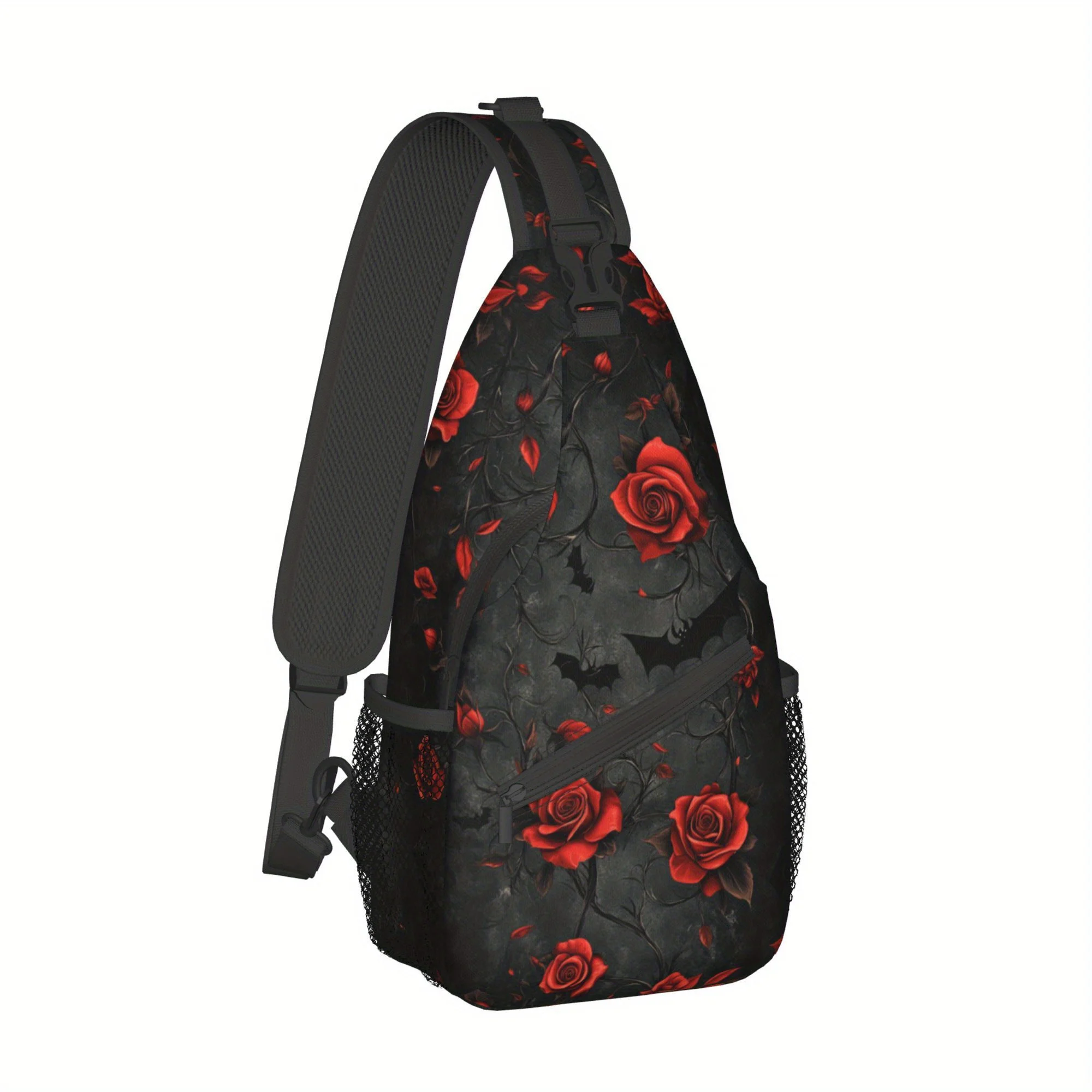 

Gothic Red Roses & Bats Sports Chest Bag - Durable Large Capacity Zipper Closure, 2D Flat Print Design for Gym, Travel