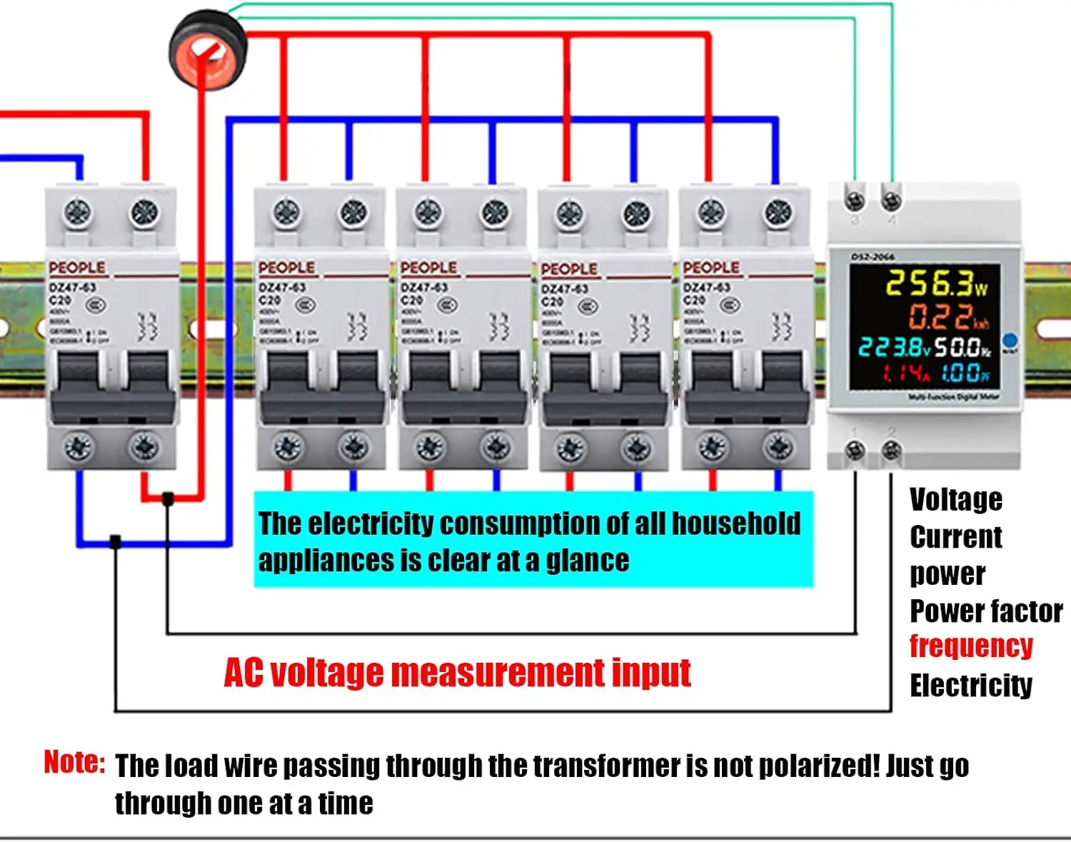 Imagem -06 - Medidor de Energia Monofásico Trilho Din Monitor de Uso de Eletricidade ac 40300v 100a Voltímetro Amperímetro Watt Kwh Medidor de Energia de Frequência
