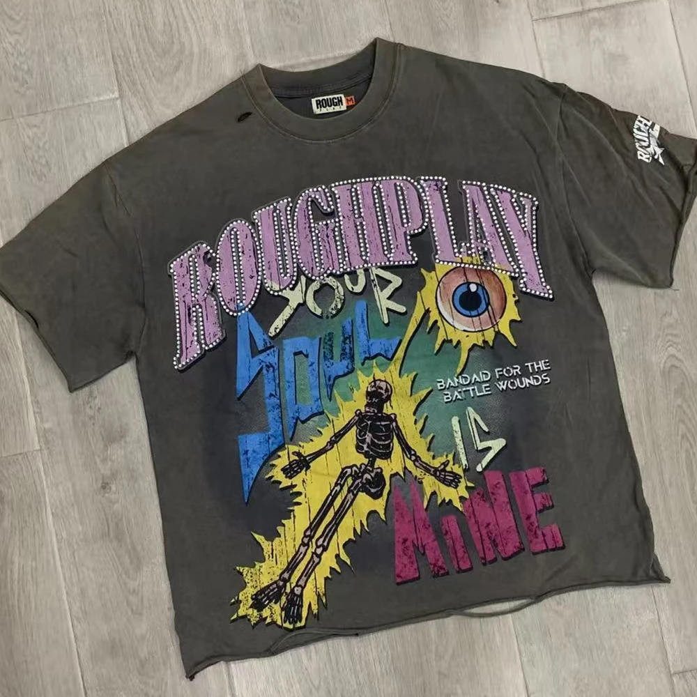 

Oversize ROUGHPLAY Soul T-shirts Wen Women High Quality Electric Shock Skull Print T Shirt Hip-hop Rough Play Top Tees