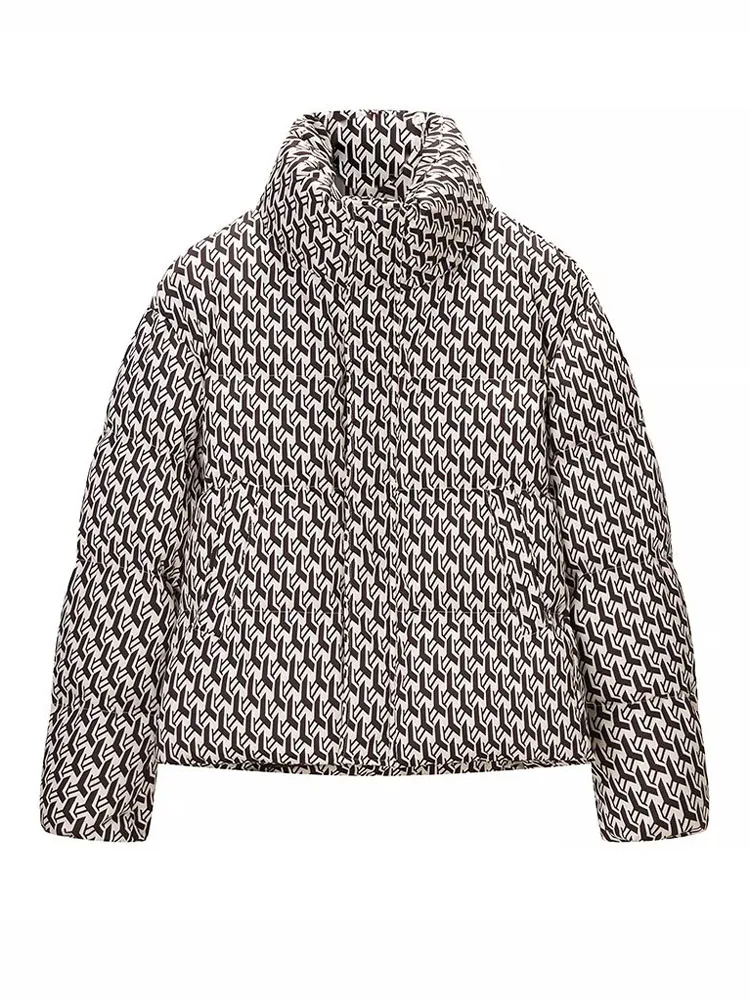 HH Women's 2025 Winter New Fashion High Collar Hand-stuffed Cotton Printed Coat Female Casual Versatile Zipper Warm Cotton Coat