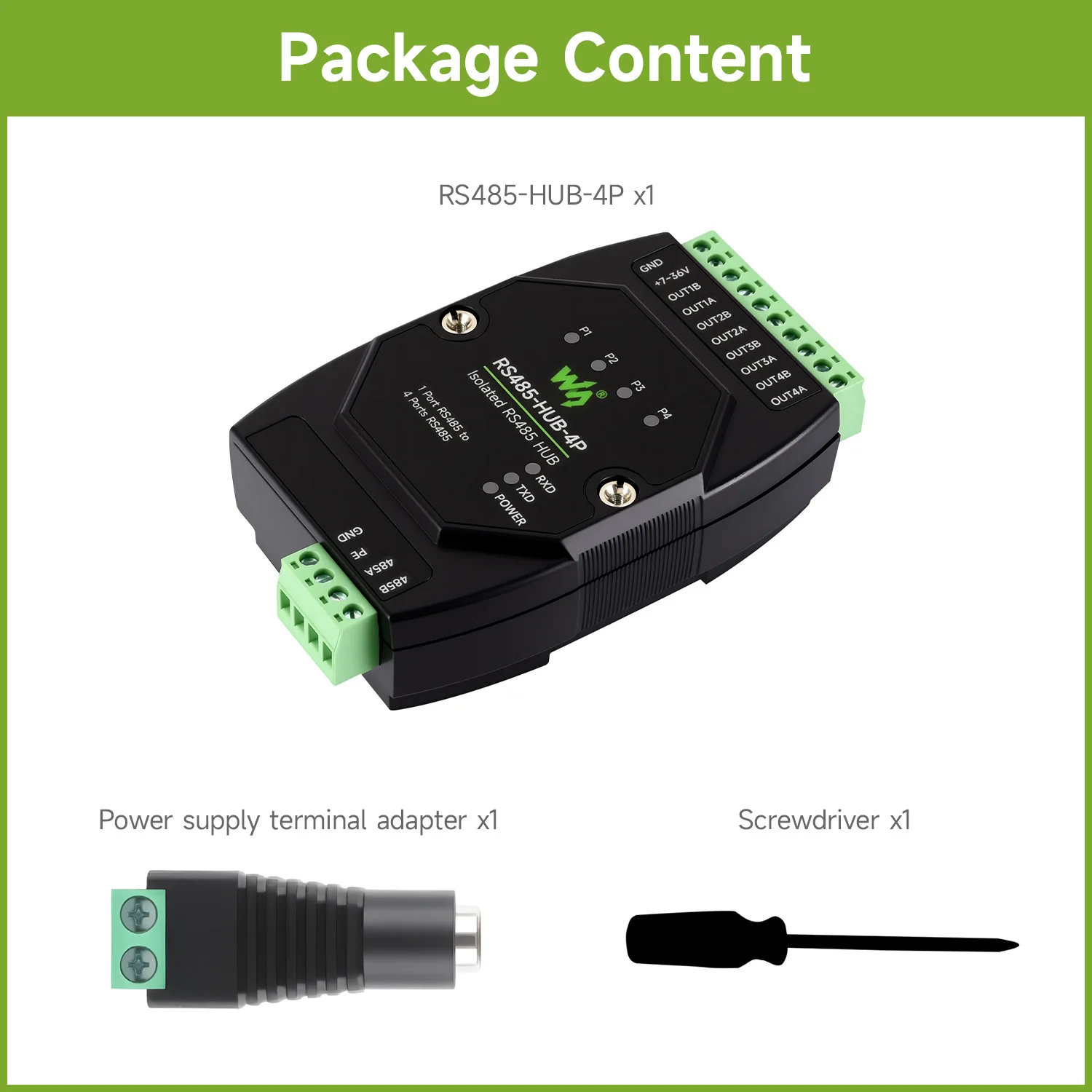 Waveshare Industrial-grade Isolated 4-Ch RS485 Hub, Rail-mount Support, Wide Baud Rate Range, Expands 4-ch RS485 Sub Ports