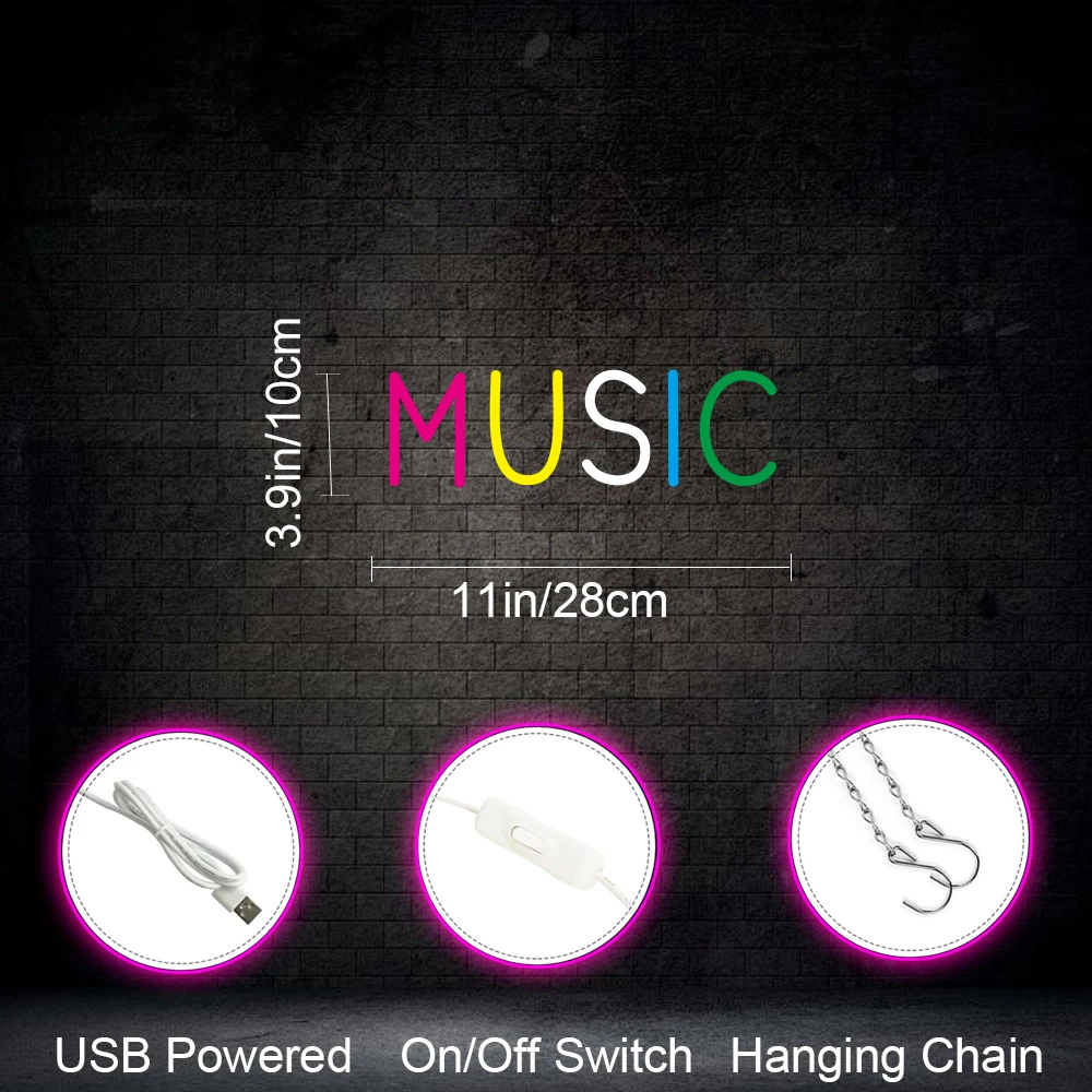 Music Neon Signs Neon Light Sign Wall Decor for Bedroom Music Party Bar Music Club Man Cave USB Powered