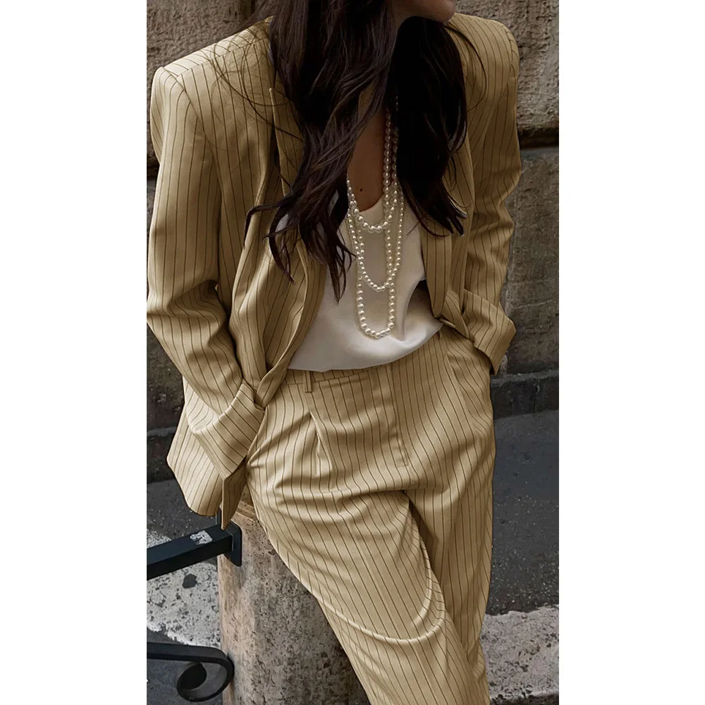 Women\'s Suit Striped Two-piece Slim Single-breasted Casual Fashion Suit Christmas Work Wear Women 2 Piece Set Outfit Winter Sets