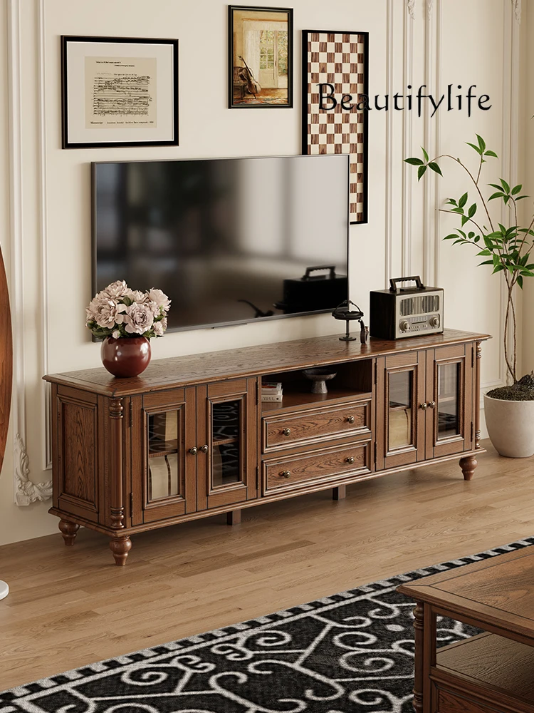 

American Solid Wood Coffee Table Combination Retro Living Room Household Light Luxury and Simplicity Storage Floor Cabinet