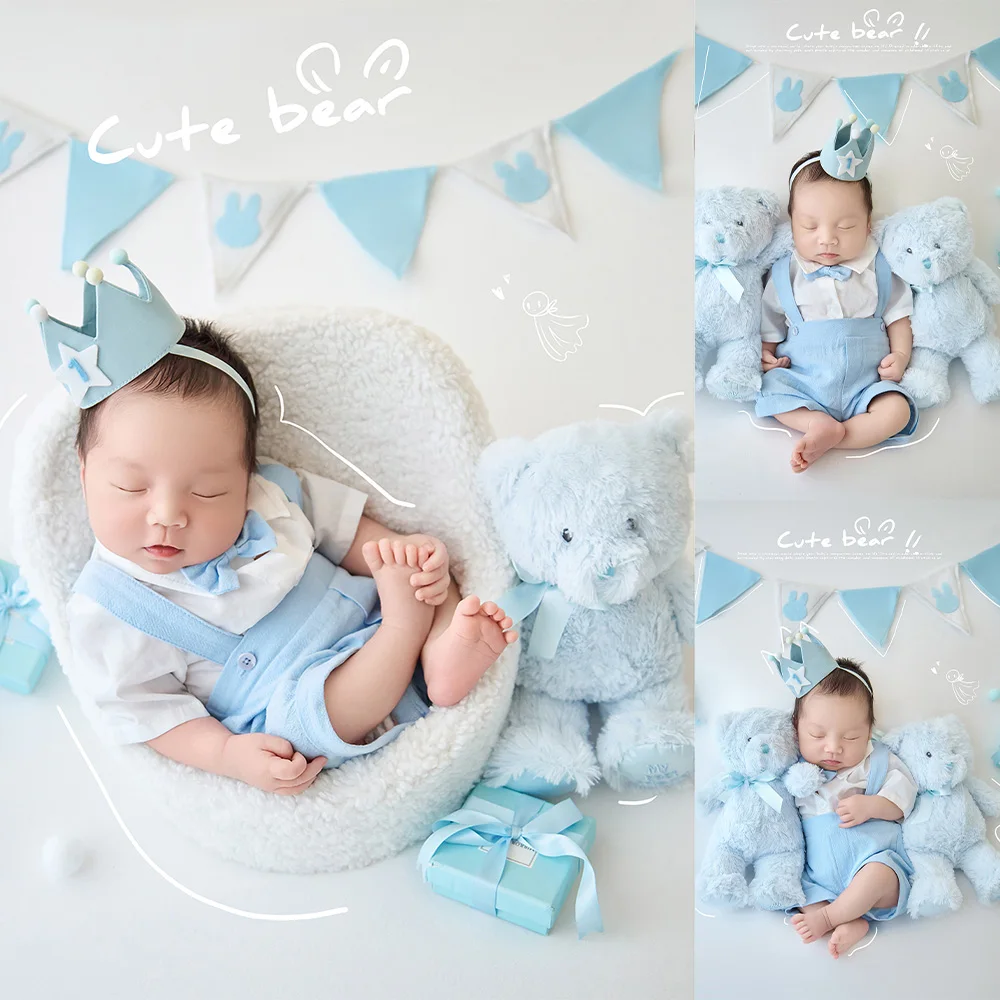 Newborn Milestone Photography Props Cute Bear Theme Baby Photo Outfit Set Decor Props Studio Baby Full Moon Shooting Accessories
