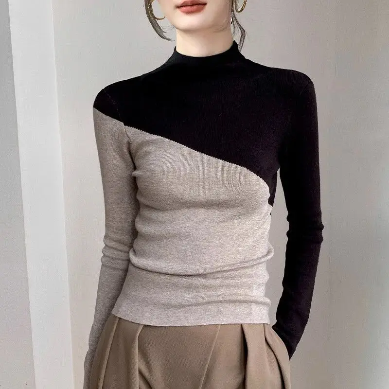 Women's Clothing Turtleneck Vintage Long Sleeve Sweater Knitted Pullover Contrast Color Comfortable Streetwear All-match Tops