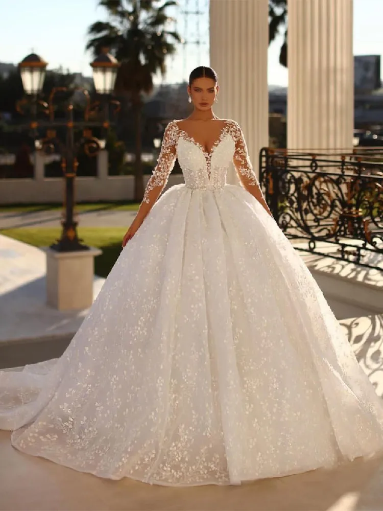 

Elegant Ball Gown Wedding Dresses Long Sleeves V Neck Sequins Ruffles Appliques 3D Lace Flowers Bridal Gowns Vestina De Novia