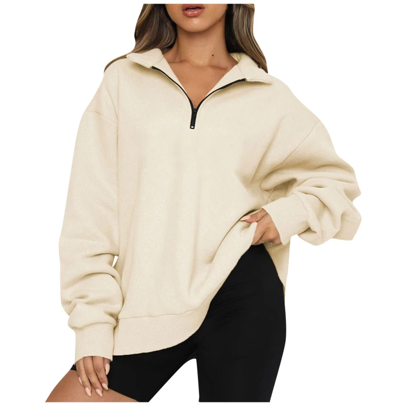 Moletom feminino com meia zip manga comprida, pulôver de lã, moletom de treino, roupas