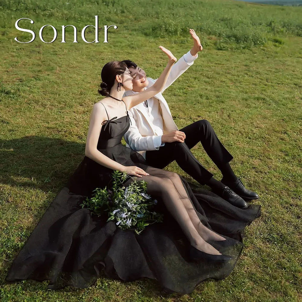 

Sondr Customized Spaghetti Straps Bow Korean Evening Dresses Black Wedding Photo Shoot Gown Satin A line Long Party Dress