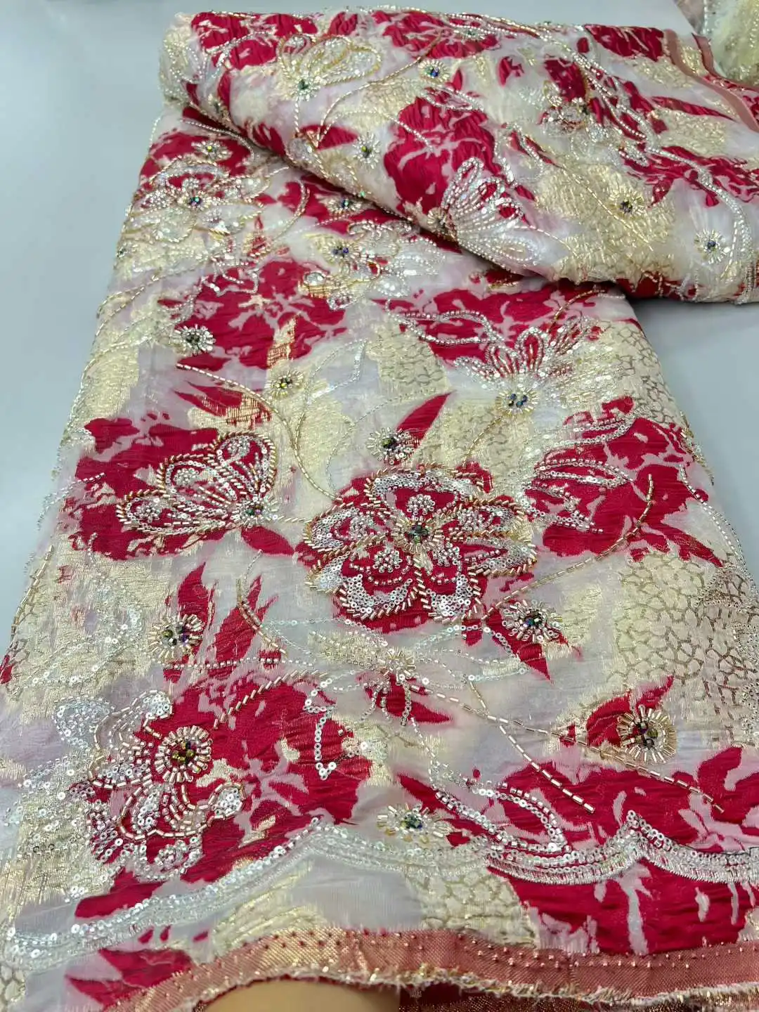 Africano jacquard lantejoulas renda dourada nigeriano brocado contas tecido de renda vestidos de festa à noite para mulheres costura 5 metros sz1712