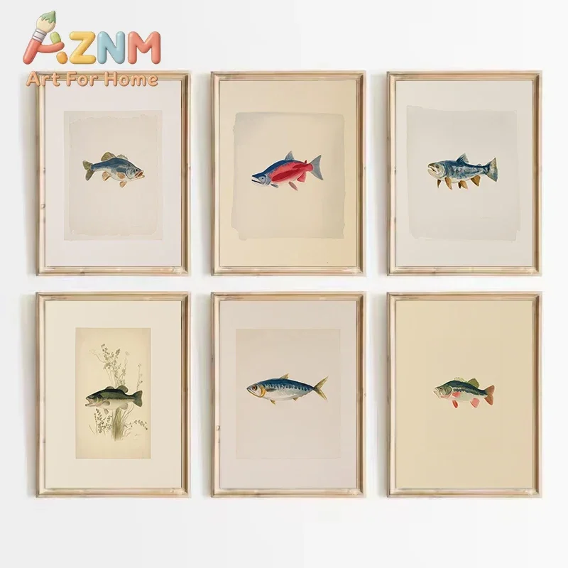 AZNM Vintage Freshwater Fish Canvas Wall Art Antique Style Trout Bass Marine Life Print Poster for Fisherman Cabin Living Room H