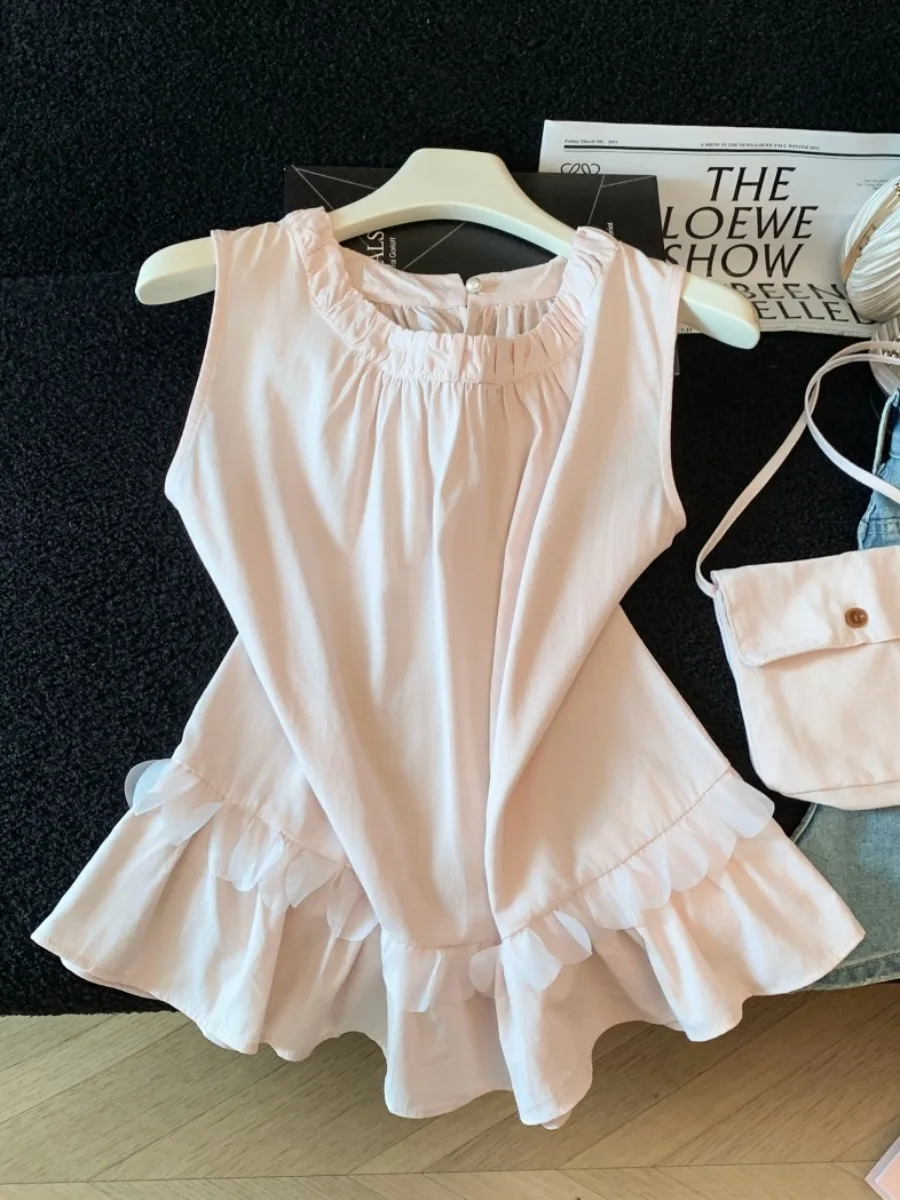 

Elegant Pink Lace Trim Sleeveless Vest Women's Summer Fashionable round Neck Crossbody Shirt Loose Fit Casual Wear