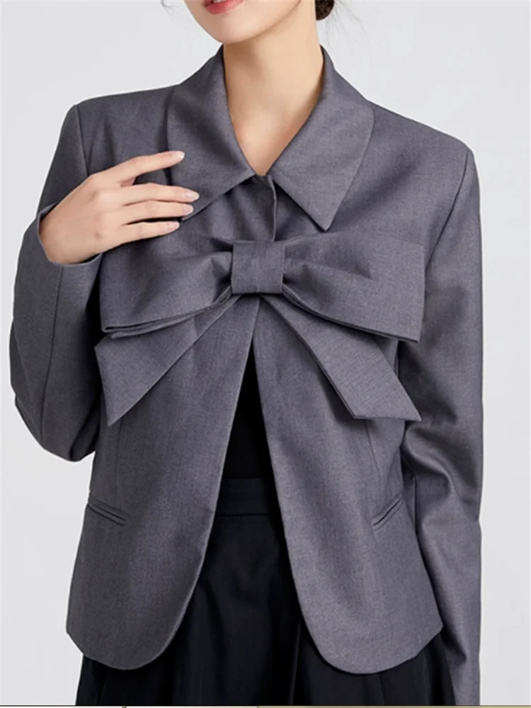 2025 New Spring Elegant Women Grey Chic Blazer Small Girl Retro Fashion Design Bowknot Loose Short Jacket Office Lady Workwear