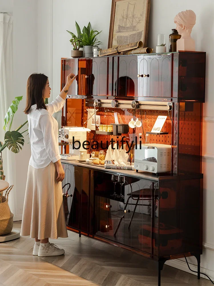 

Grey square integrated wall large dining side cabinet acrylic light luxury medium and ancient style storage tea cabinet