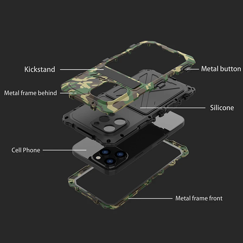 R-just Metal Bracket Case  For Iphone 14 Pro Max 14 Plus Heavy Duty Full Protection Cool Camouflage Phone Case For Iphone 14 Pro