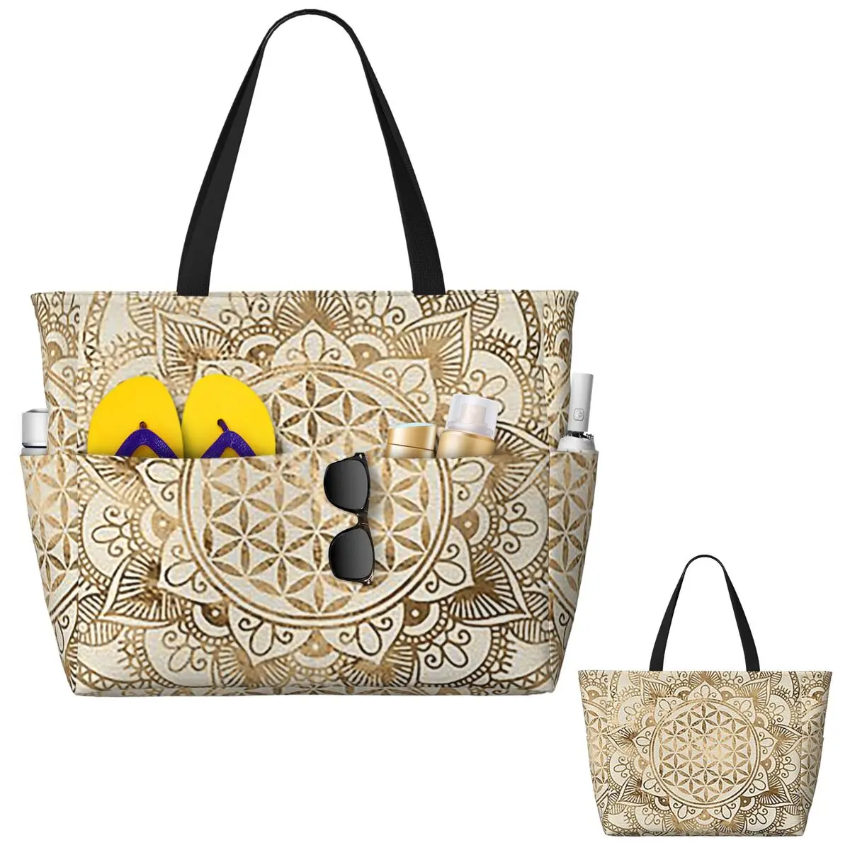 

Flower Of Life In Lotus - Pastel Golds And Canv Beach Tote Bag Sport Gym Yoga Duffle Large Tote Bag Women Travel Bag Fitness bag
