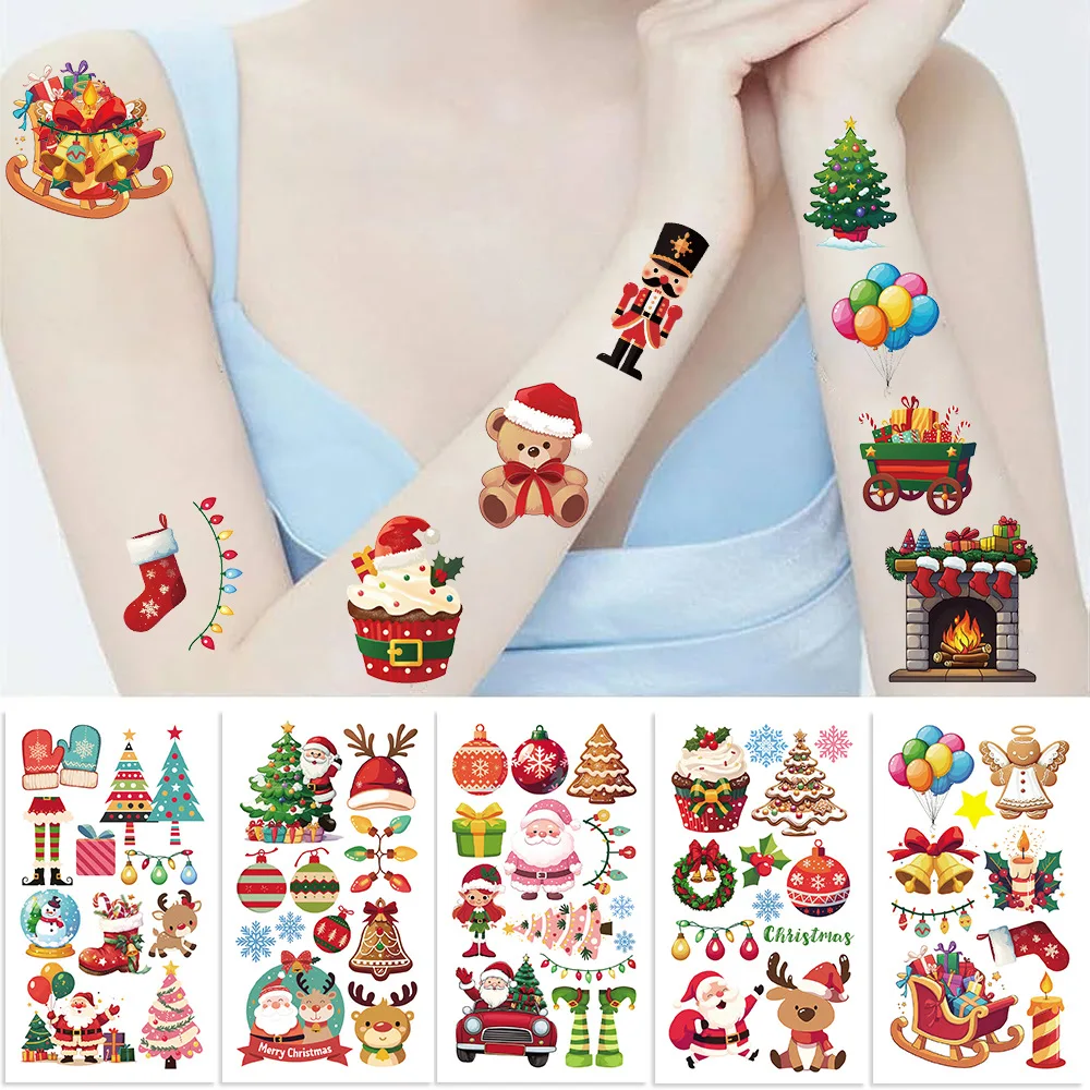 10Pcs/set Christmas Elk Candy Temporary Tattoo Stickers Christmas Tree Waterproof Fake Tattoo For Kids Funny Birthday Gift