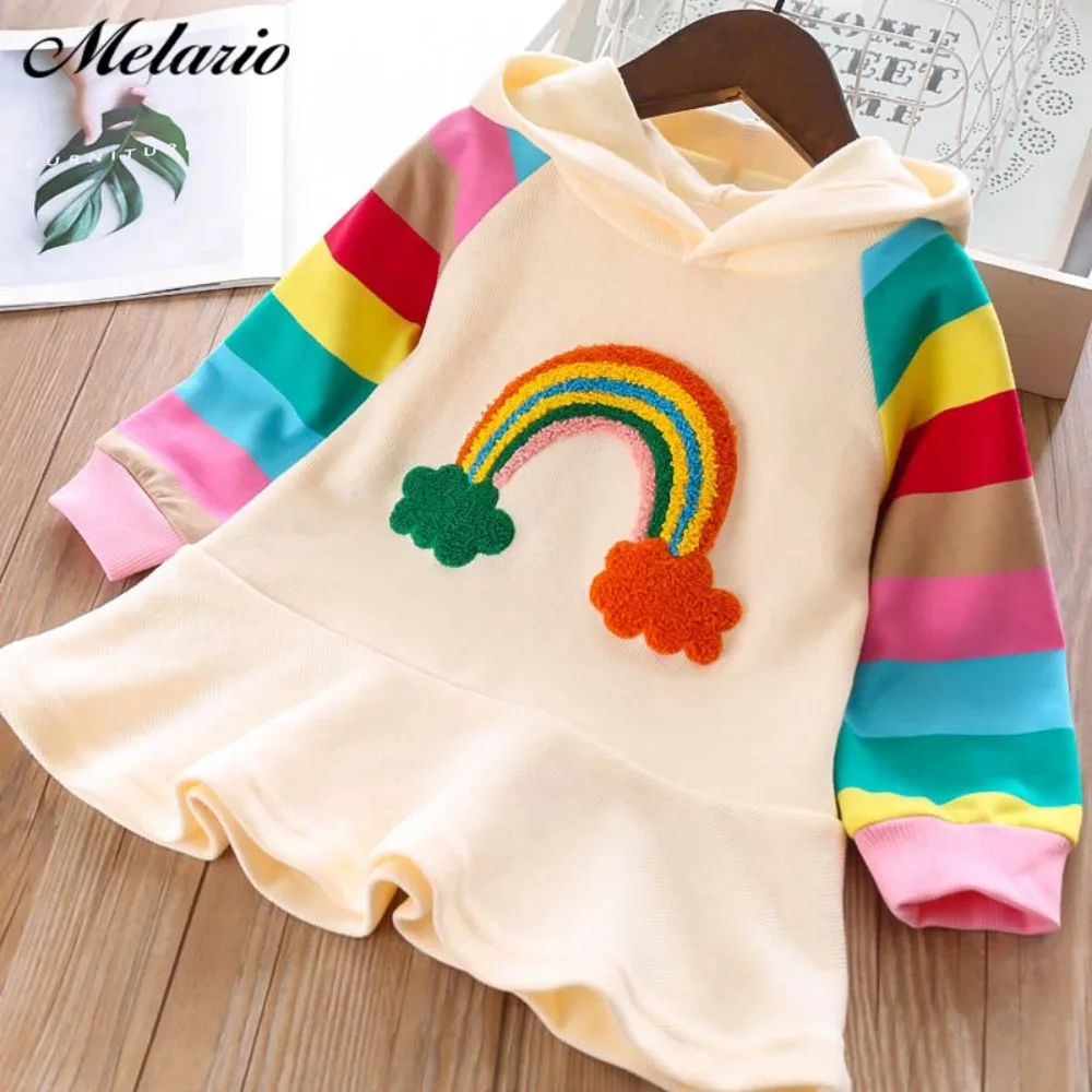 Spring and Autumn Girls' Casual Clothes Rainbow Long Sleeved Hooded Dress Korean Version Fashionable Children 2-6 Years Old