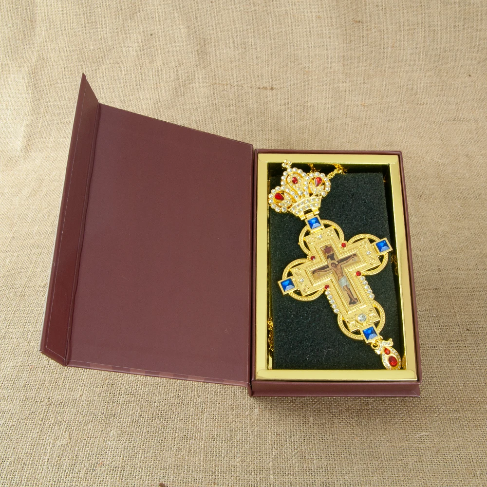 قلادة صليب مسيحي أرثوذكسي من HTISOK مطلية بالذهب مع أحجار كريمة وأحجار الراين هدية أرثوذكسية لكنيسة زفاف عيد الفصح القس #6