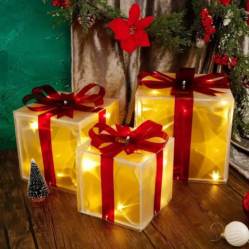 Set of 3 Christmas Lighted Gift Boxes  With Red Bows For Christams Tree Christmas Box Decration Presents  Christams Decorations