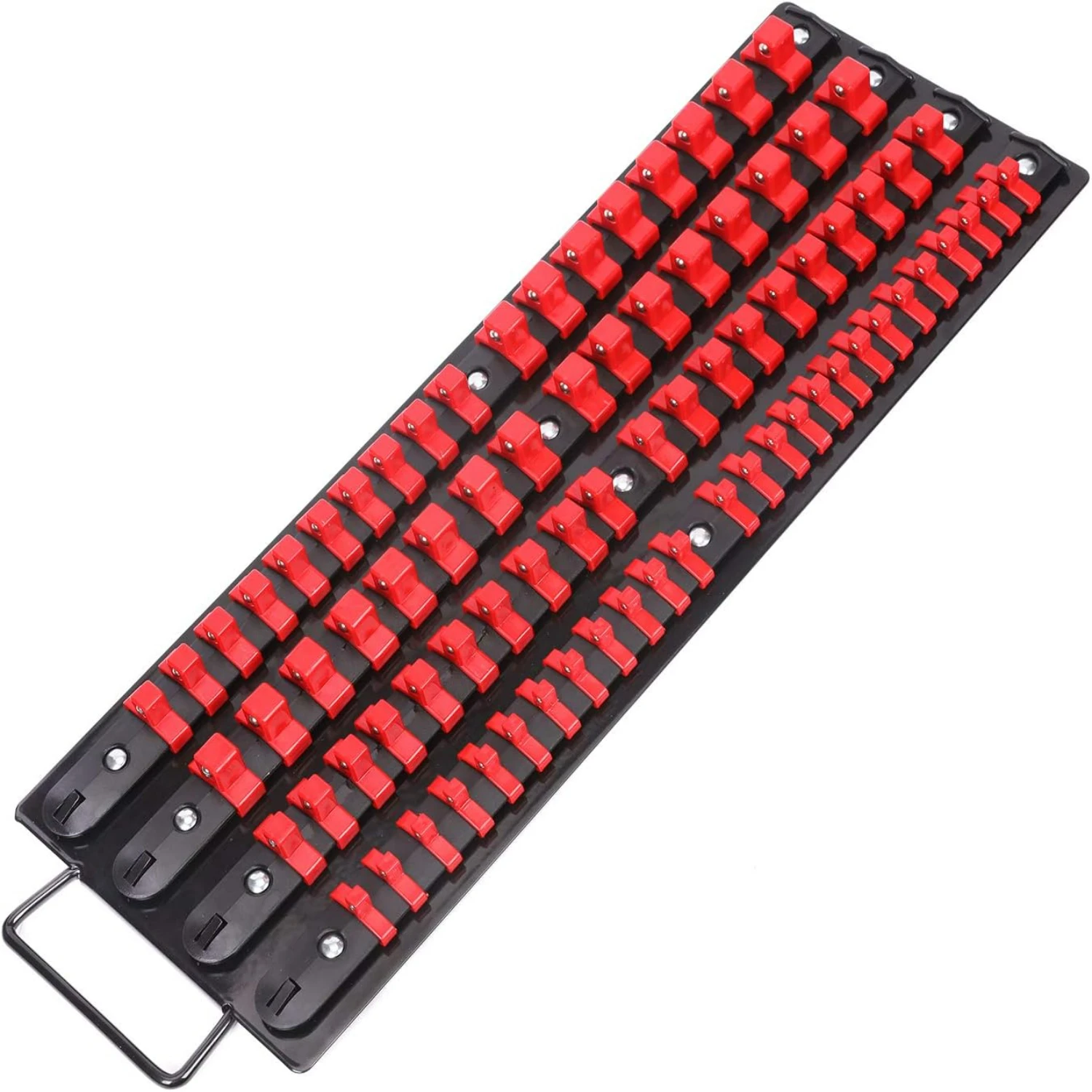 

Black Portable Socket Organizer Tray with Durable and Vibrant Red Clips - Heavy Duty Design for Secure and Organized Tool Stora
