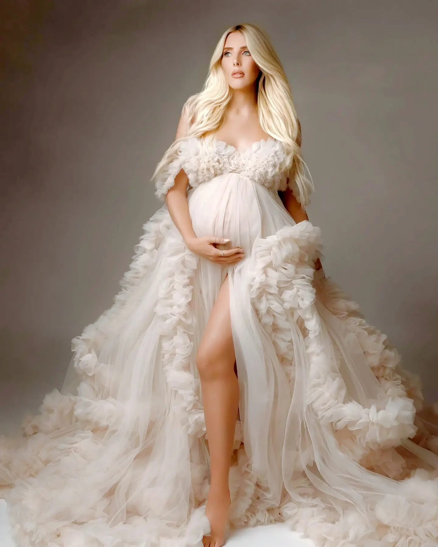 Urocze falbany suknie balowe kobiet bez rękawów ciążowa sukienka na sesję zdjęciową luksusowa warstwowa puszysta suknia Baby Shower
