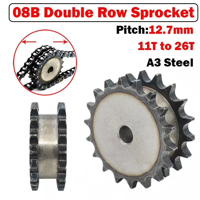 1Pcs 08B-2 Double Row Sprocket 11 Teeth to 26 Teeth Pitch 12.7mm Diameter 49mm-109mm A3 steel  for 08B-2 #40-2 chain