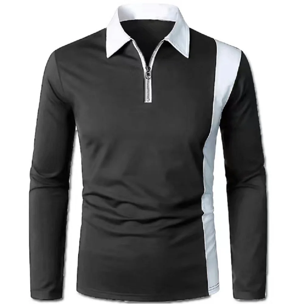 Summer Men\'s Color Matching Long Sleeve Casual Polo Shirt Fashion Two-color Stitching Fashion Men\'s Lapel Shirt Long Sleeve