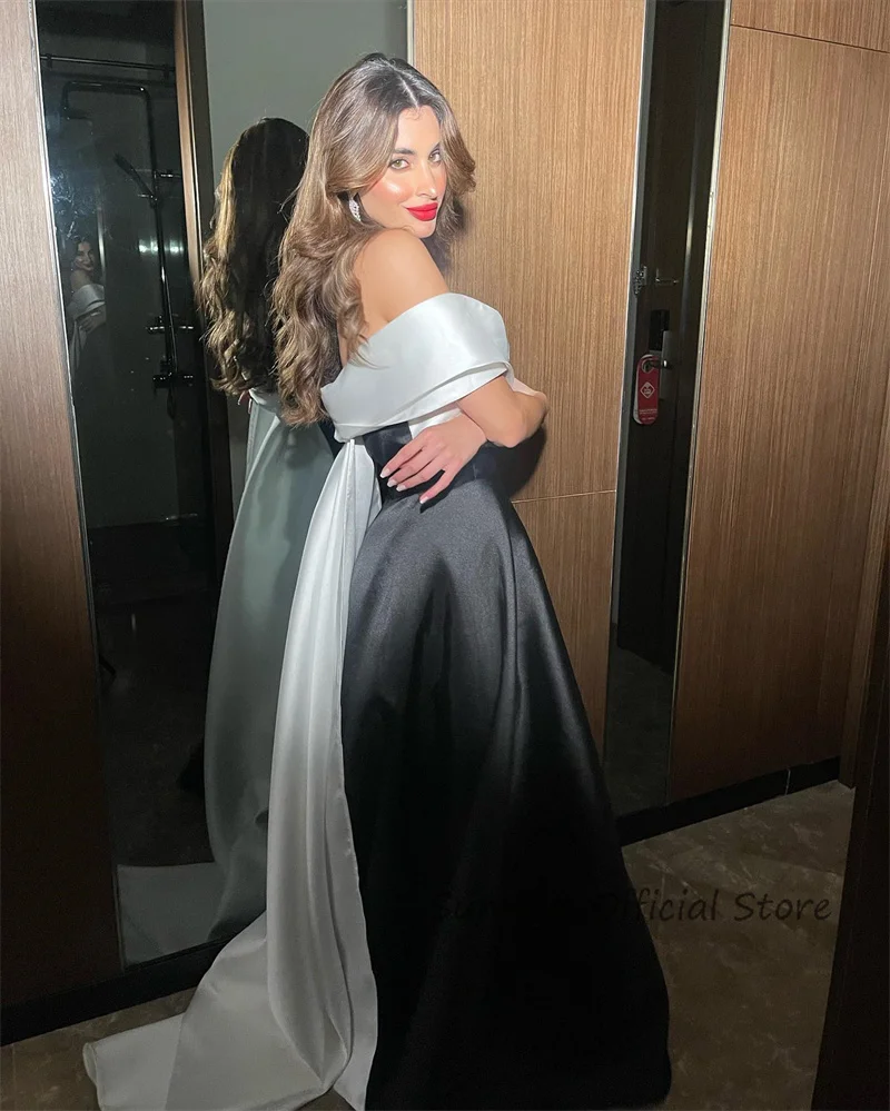 SUMNUS Black/White Satin A Line Evening Dresses Detachable Off Shoulder Long Prom Party Dress Dubai Arabic Prom Gown Vestidos