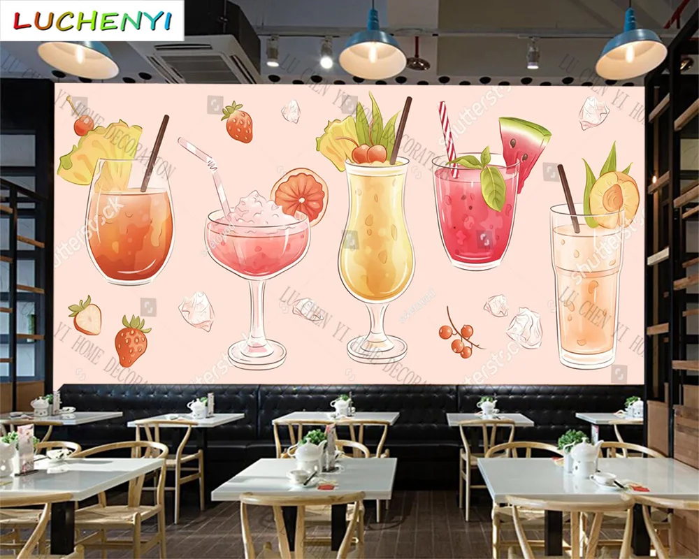 Custom fruit tea juice mural wallpaper restaurant healthy cold drinking shop dining room wall papers home decor sticker