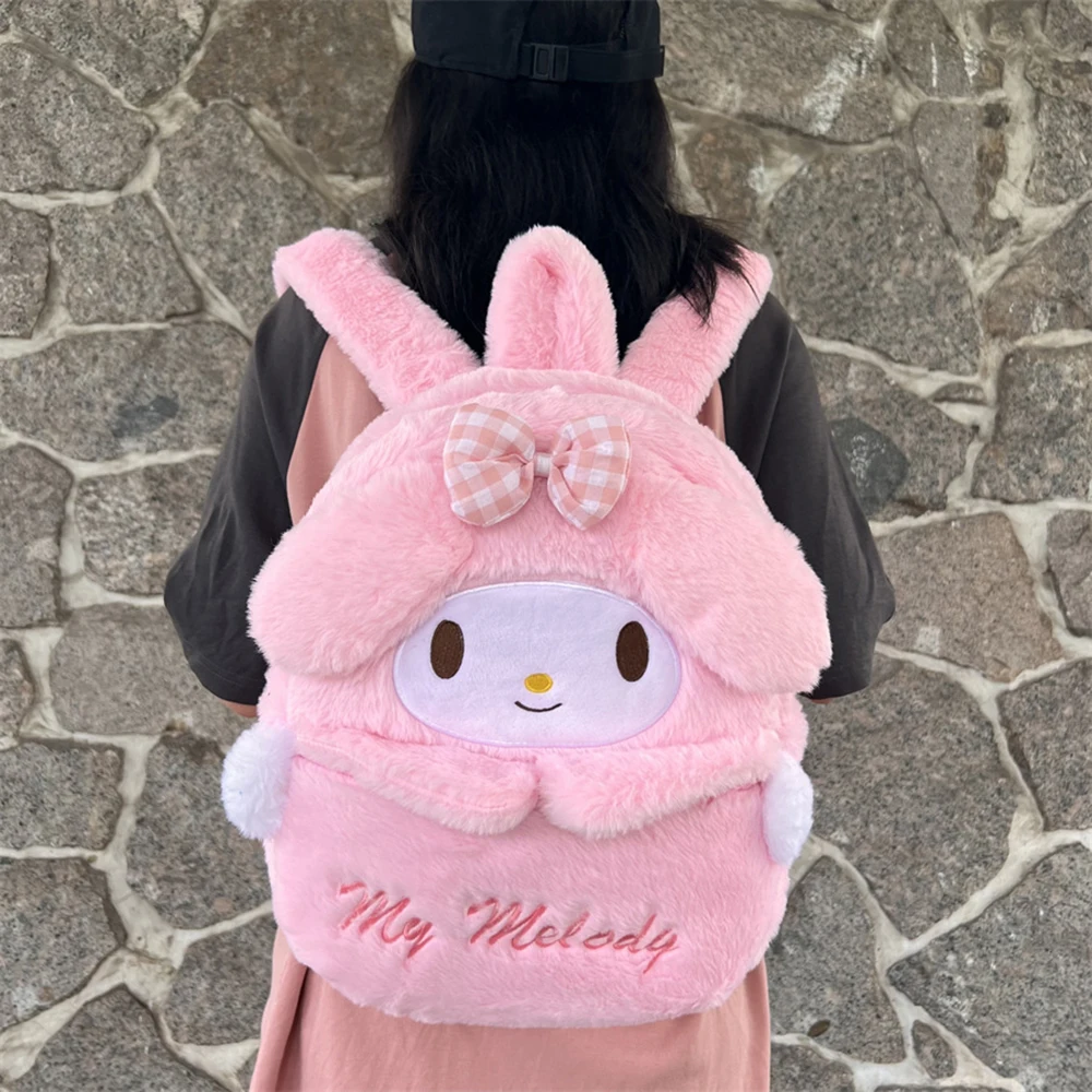 Sanrio Plush School Bags Cinnamoroll Kuromi My Melody Kawaii Anime Schoolbags Student Satchel Furry Fluffy Rucksacks Backpacks