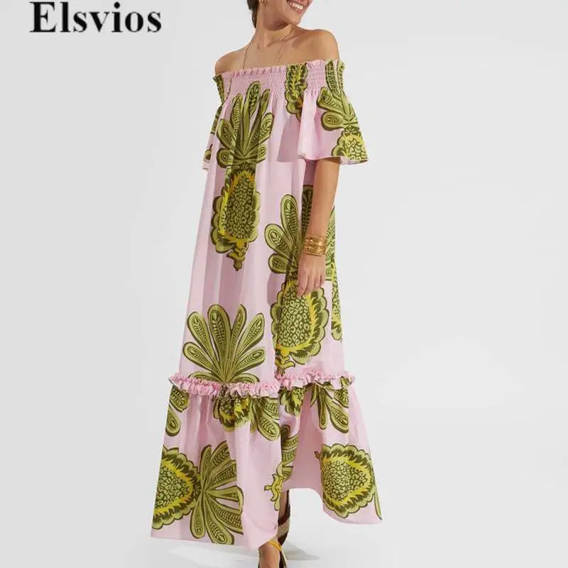 

2024 Bohemian One Shoulder Long Dress Women Summer Lotus Edge Floral Printed Beach Dress Chic Ladies Short Sleeve Hem Dresses