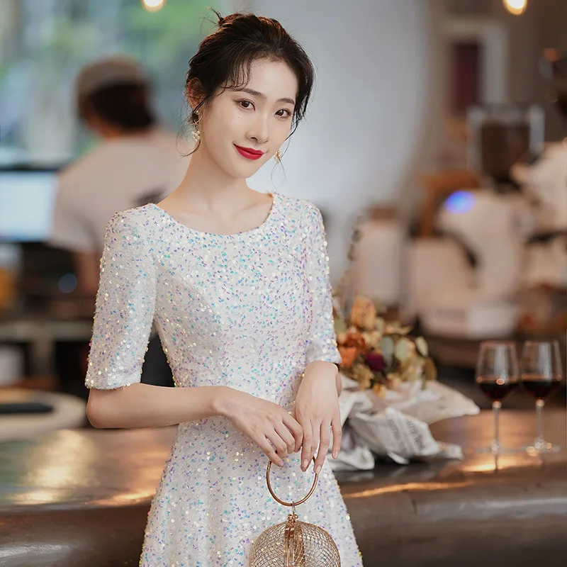 Annual Meeting Socialite Birthday Party Dress 2024 New Style White Evening Host's Chorus Women's Clothing