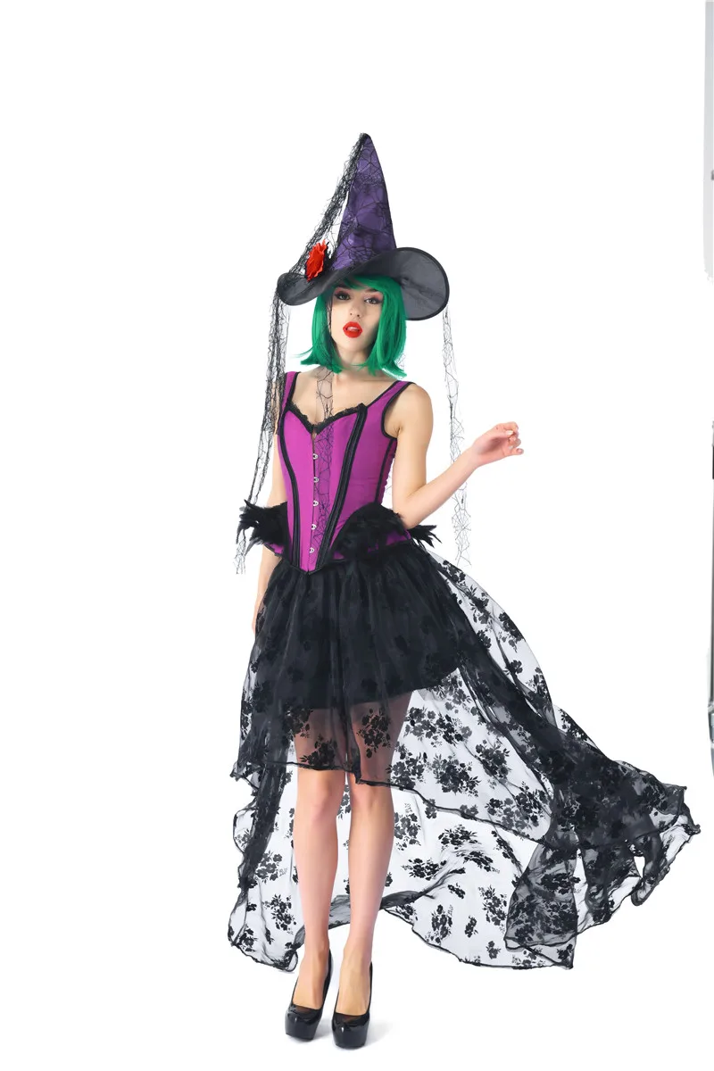 

Vintage Corset Dress Halloween Performance Cosplay Purple Overbust Corsst and High Low Black Skirt