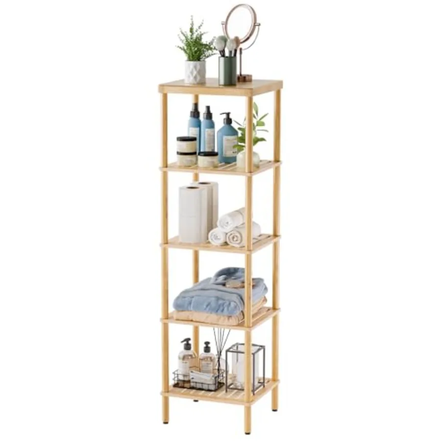 

5-Tier Bamboo Bathroom Shelf Standing Shelves Multifunctional Shelving Unit for Living Room Bedroom Kitchen Natural Color