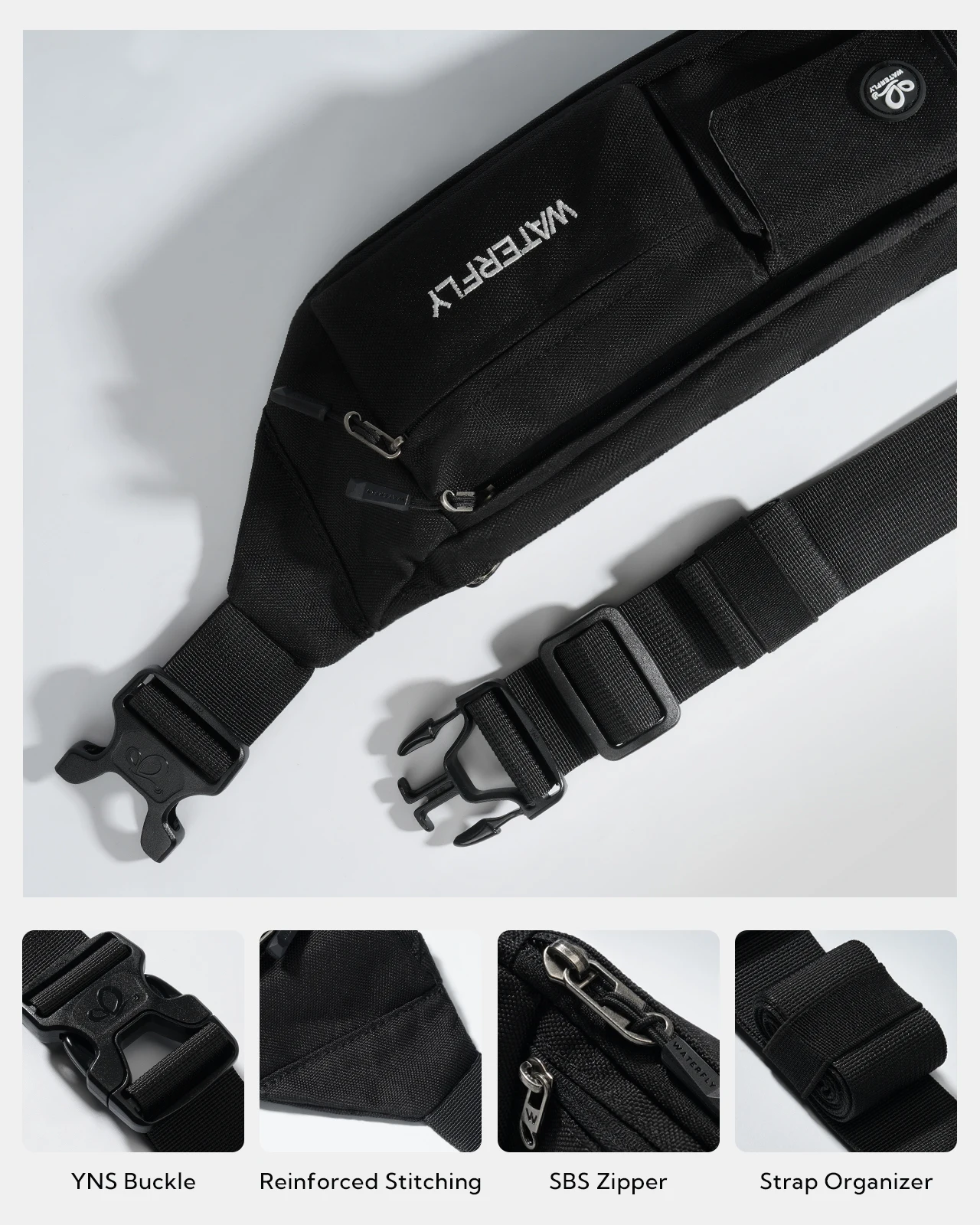 WATERFLY Riñonera ligera y delgada con 5 bolsillos, resistente al agua, bandolera, cintura, cadera, bolsa de pecho para mujeres y hombres, se adapta a todos los teléfonos