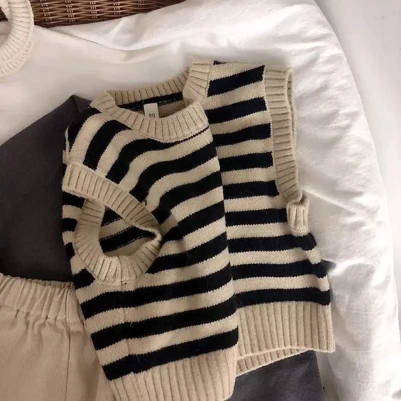Ins UNITIM Autumn Kids Boys Knitted Vest 1-6Yrs Babys Boys Striped Sleeveless Pullovers Children Infant Boys Jacquard Waistcoat