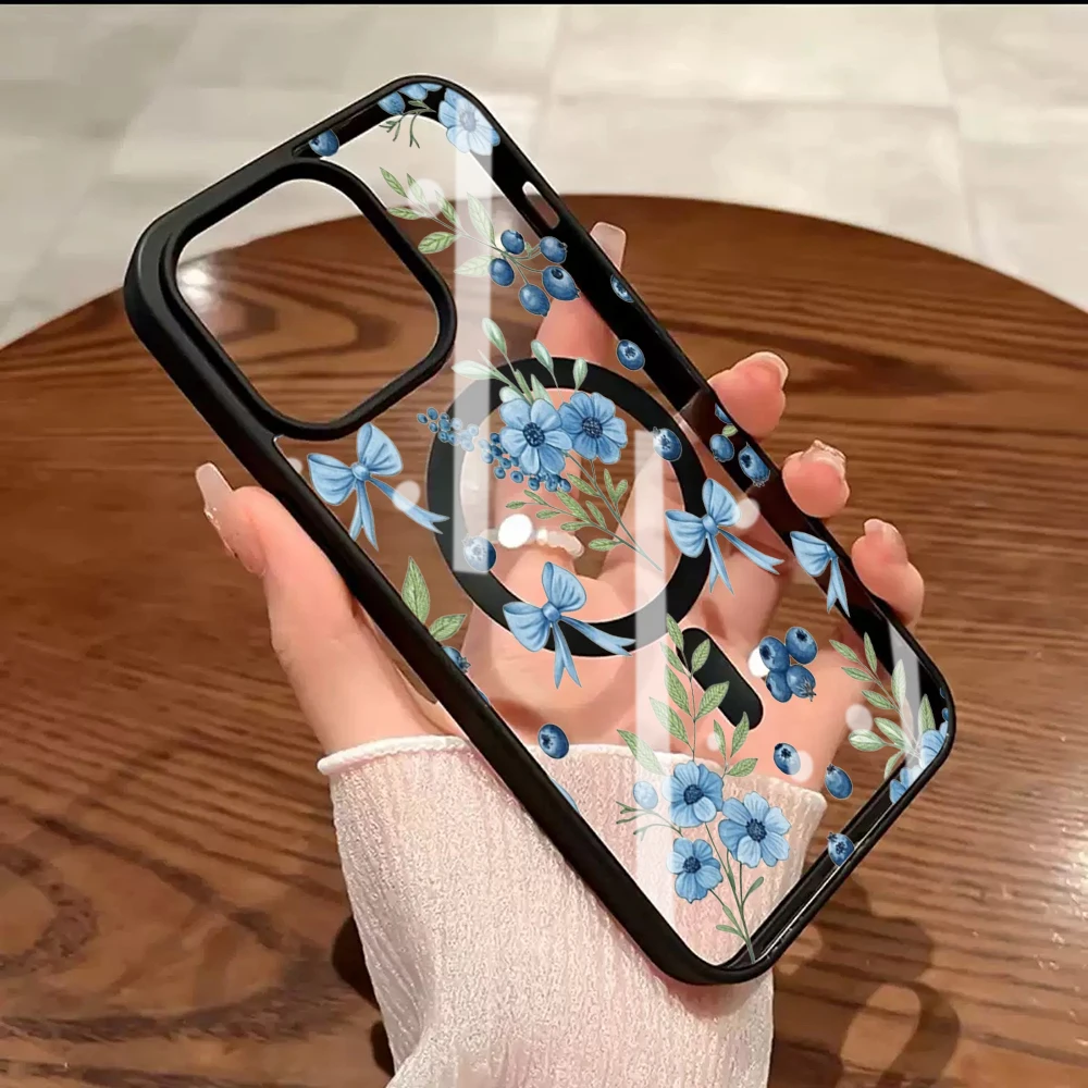 Blaubeer-Blumenmuster Transparente Hülle für iPhone 17 14 12 Pro Max 13 16 15 Plus 11 Hüllen für Magsafe Kabelloses Laden Stoßfeste Schutzhülle – Detail 18