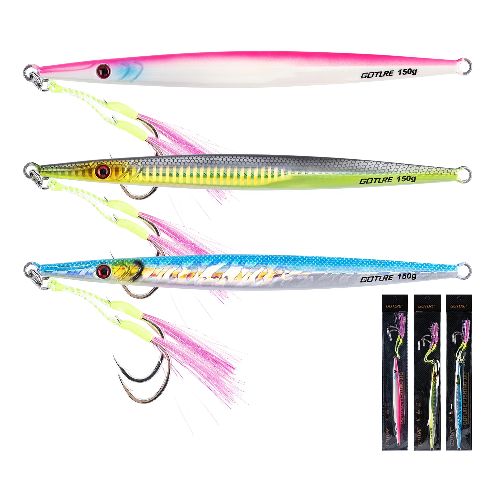 

Goture Jig Lure 150g/200g 3D Eye Solid Coating Sharp Double Hooks Shore Casting Jigging Fish Sea Bass Artificial Bait Tackle