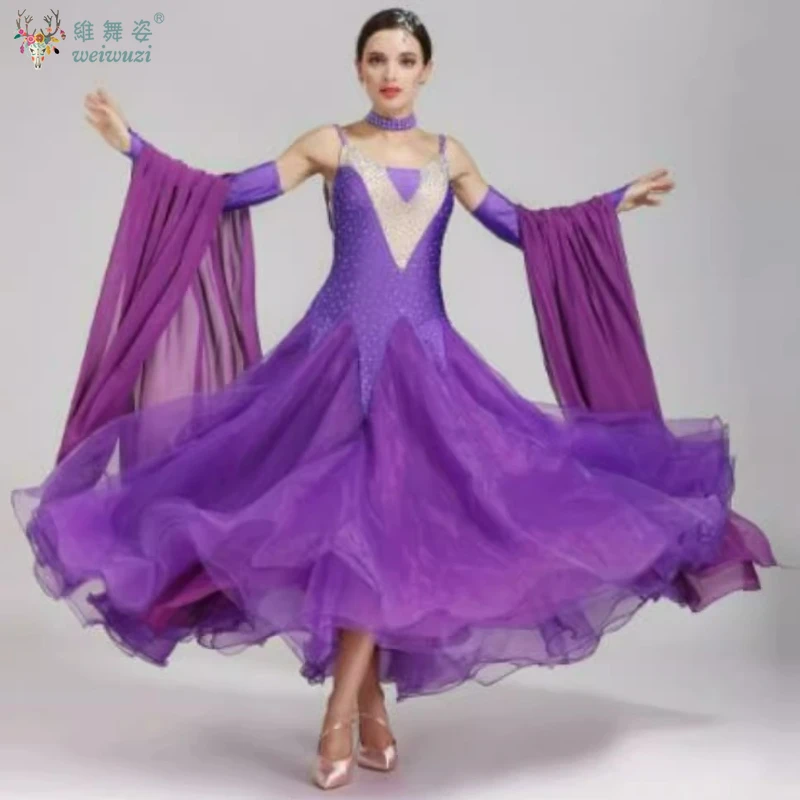 

Elegant Round Neck Diamond Gradient Women Ballroom Dance Competition Big Swing Dress Modern Waltz Rumba Dance Costumes Ball Gown