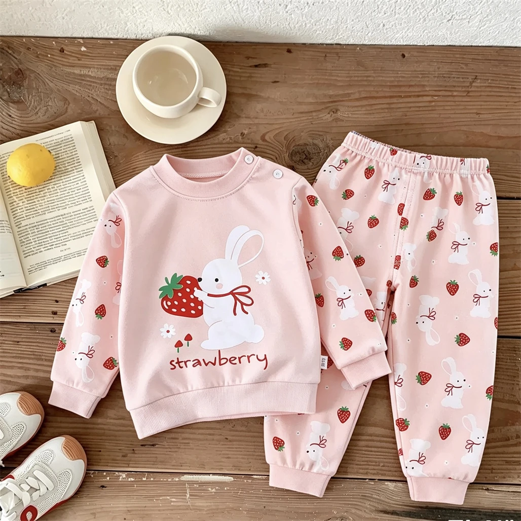 Small Child Long-sleeved Outfits Pure Cotton Underwear 2Piece Set Cartoon Full Print Tops Simple All-match Pajamas Pants Suit