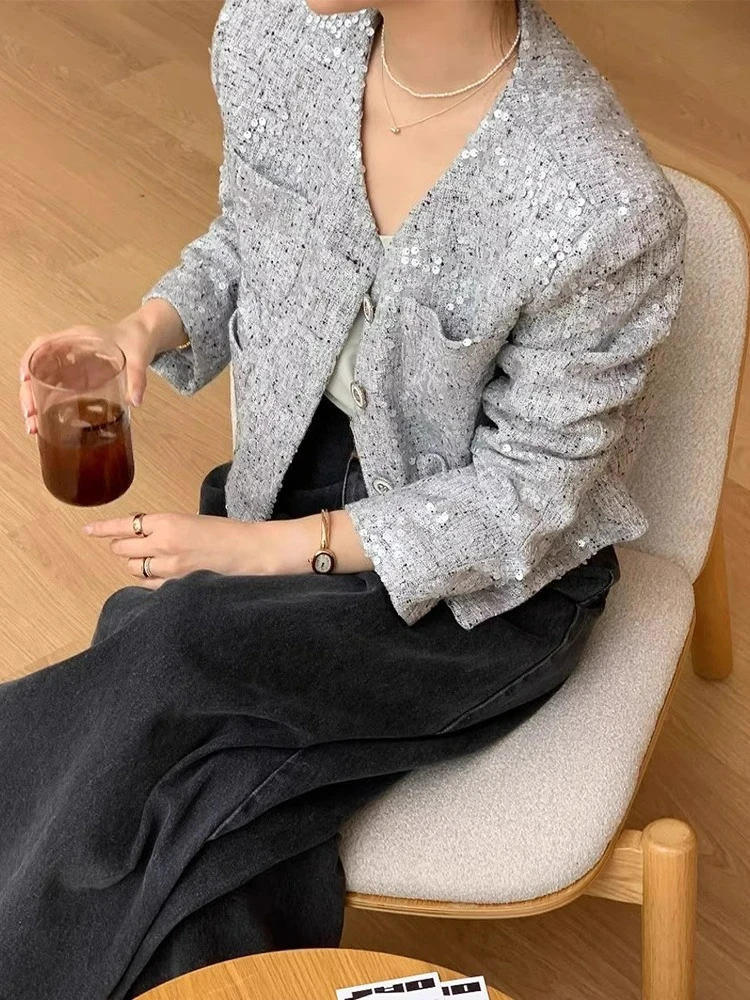 

Korean Chic Autumn New Style V-neck Sequins Casual Pockets Long Sleeved Jacket for Women
