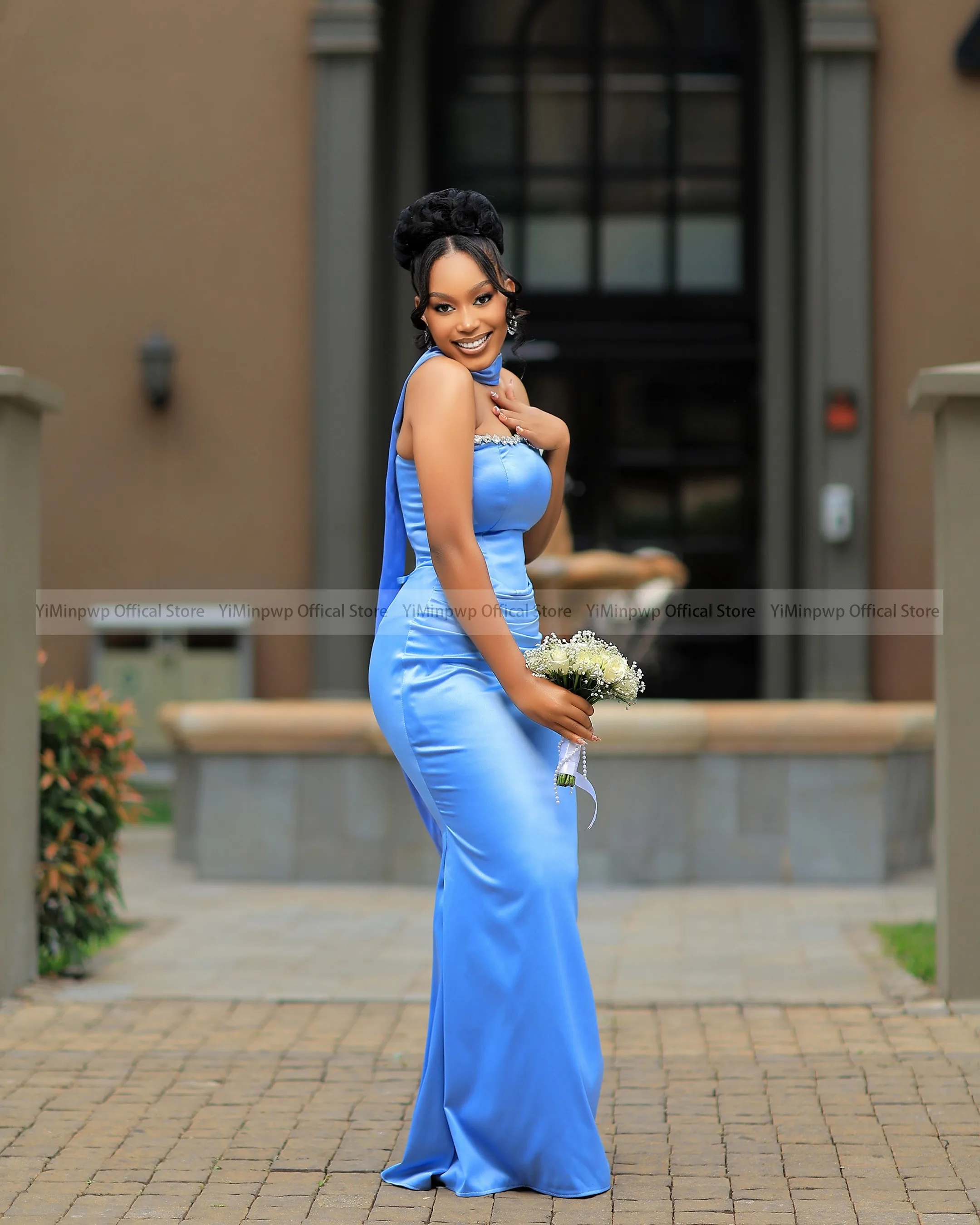 Blue Fitted Bridesmaid Dresses Strapess Scarf Beading Africa Nigeria Women Wedding Guest Dress Maid of Honor Dress Customize