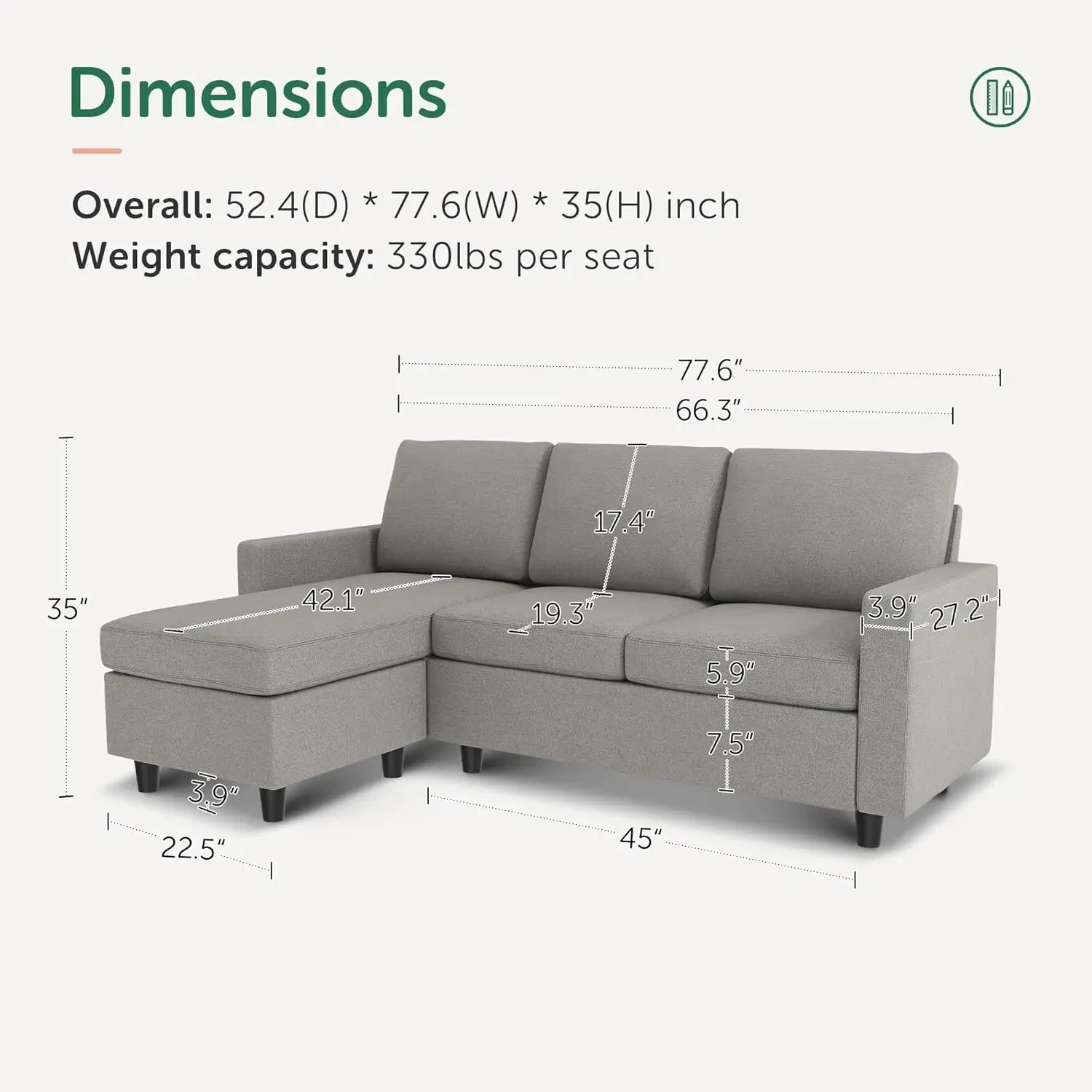 Convertible Sectional Sofa - L Shaped Couch with Linen Fabric - Reversible Couch for Small Spaces in Light Grey